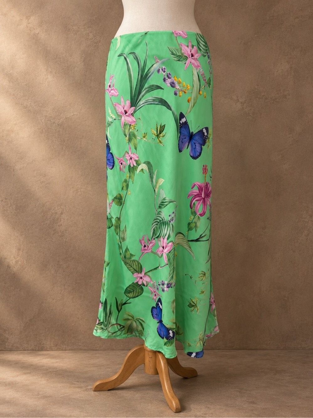 Anthropologie L Tilda Slip Skirt Green Butterfly Floral Midi